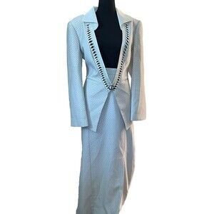 Vintage White Formal Skirt Suit Set Sz14 – Long Maxi Skirt & Deep V Blazer